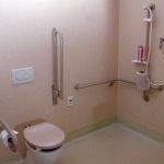 Bathroom with vanity, shower and toilet including handrails and nurse call system Bathroom with vanity, shower and toilet including handrails and nurse call system